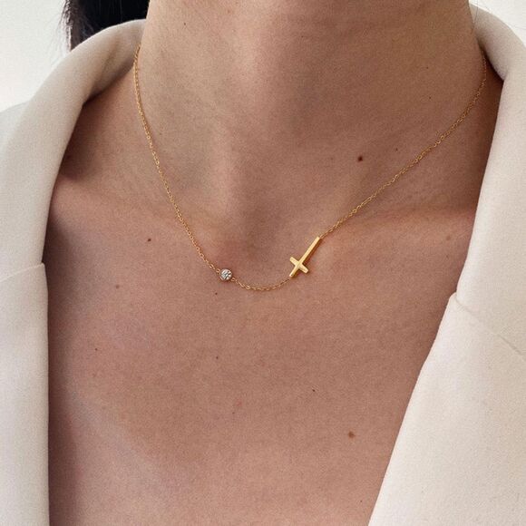 Cross Necklace Sideways Cubic Zirconia Cross Dainty CZ Cross Christian Pendant - Picture 3 of 6